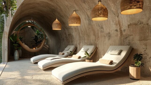 A serene, underground lounge with three white, curved chaise lounges adorned with woven bamboo armrests.