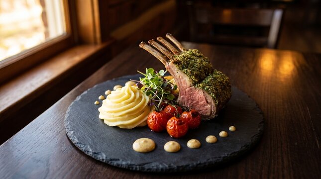 American Fine Dining Dinner Rack of Lamb with Herb Crust, Dijon, Pommes Puree and Roa