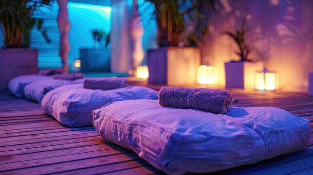 A serene outdoor evening scene featuring a wooden deck adorned with blue pillows and rolled towels. Candles are lit, casting a calming blue hue over the setting, suggesting a tranquil relaxation spot.