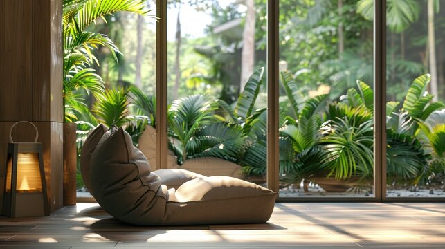 A cozy indoor setting with a plush brown bean bag chair in front of a large window.  