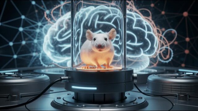 White laboratory mouse in futuristic scientific experiment with glowing digital brain network background