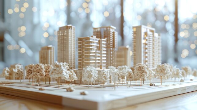 A detailed architectural model of a cityscape, featuring modern high-rise buildings and a row of trees in front.  