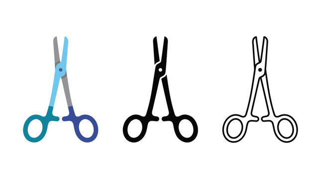 Surgical forceps icon set showing flat color solid black and outline graphic line styles.