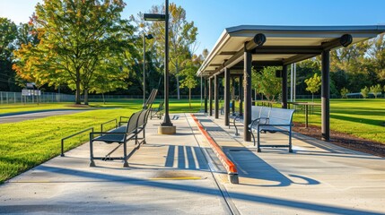 Obraz premium A serene park pathway lined with metal benches under a covered shelter. 