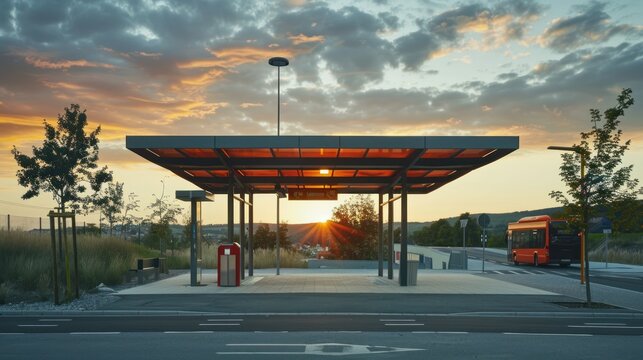 A serene bus stop at sunset, with a red bus parked under a wooden shelter.  