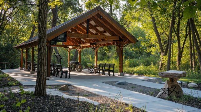 A wooden pavilion nestled in a forested area, with benches and a stone lantern. The scene captures a serene moment in a natural setting, showcasing a peaceful outdoor environment.