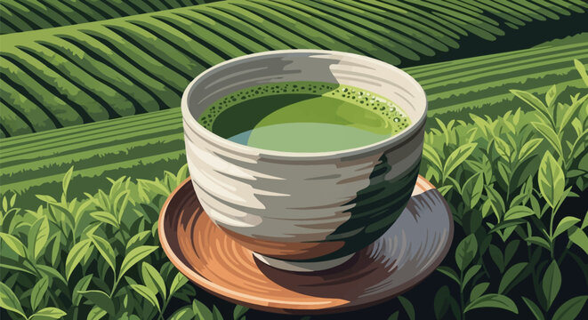 Vector illustration of a ceramic bowl filled with frothy matcha green tea on a saucer, set against a background of terraced green tea plantation fields and fresh tea leaves in the foreground.