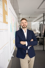 Fototapeta premium Office portrait of young 30s handsome businessman dressed in formal attire stands near planning board with his arms-crossed, looks away with dreamy expression, Business vision, opportunity, optimism