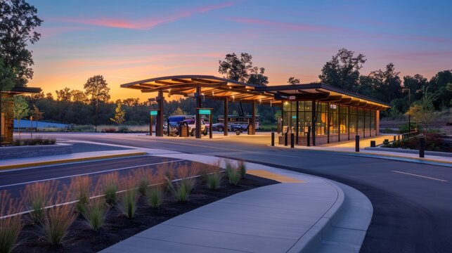 A serene evening scene at a modern bus terminal with a wooden roof, illuminated by the warm glow of sunset.