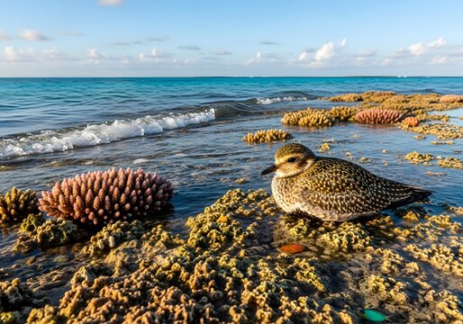 Golden plover bird resting on colorful coral formations by the sea with gentle waves.