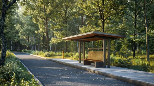 A serene park scene featuring a wooden bench under a canopy, surrounded by lush greenery and trees, bathed in soft morning light, evoking a sense of tranquility and solitude.