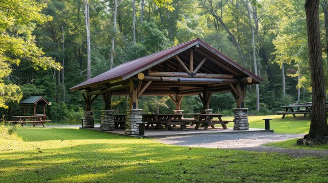 A wooden gazebo nestled within a lush forest, surrounded by vibrant greenery and tall trees.  