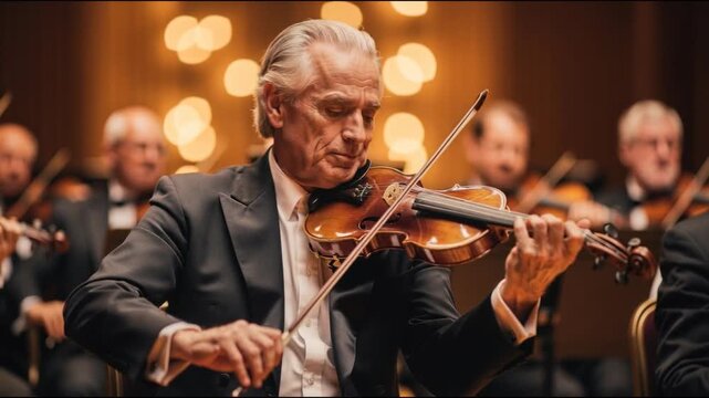 Experienced male violinist passionately playing classical music in elegant concert hall with orchestra