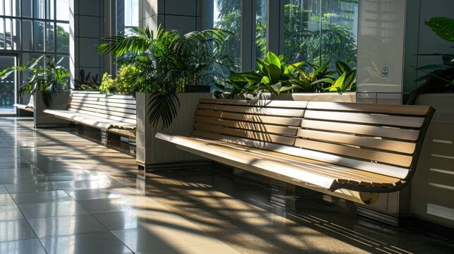 A serene office setting with wooden benches lined with lush green plants.  