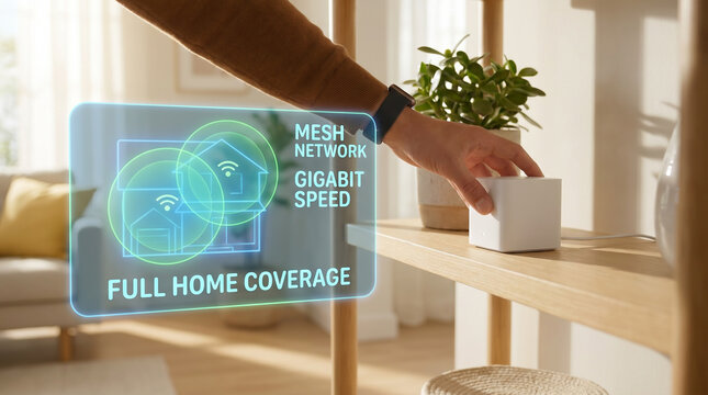 Person setting up mesh wifi router for full home coverage with holographic network display in a modern living room