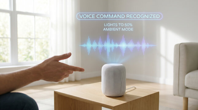 Smart speaker in a modern living room responding to a voice command for home automation control