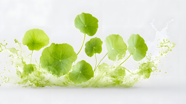 Green centella asiatica leaves splashing water on white background.