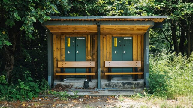 A wooden bench sheltered by a rustic wooden structure is nestled in a lush green forest. The scene captures a serene moment of solitude amidst nature's tranquility.