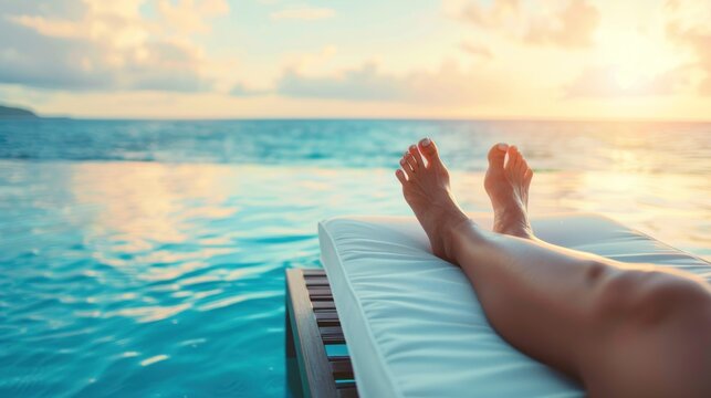 A serene moment by the ocean during sunset, where a pair of feet rests on a sunlit deck chair, overlooking the tranquil blue waters.