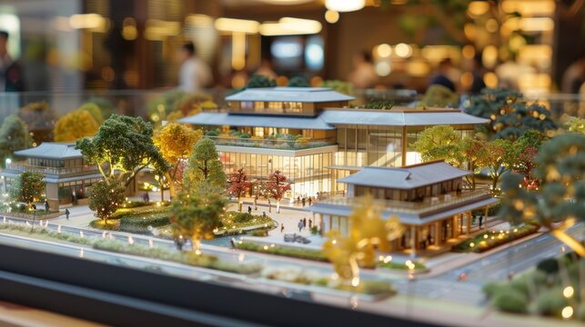A detailed model of a modern architectural building, possibly a museum or office, surrounded by trees and autumn foliage.