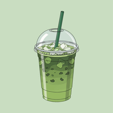 Vector illustration of iced matcha tea latte or green juice in a transparent plastic takeaway cup featuring a dome lid, green straw, and ice cubes on a solid light green background.