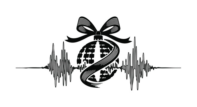 Christmas ornament decorated with a ribbon displays rhythmic sound wave patterns.