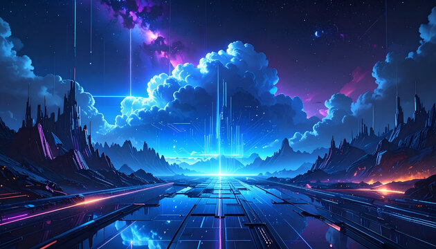Futuristic cityscape with radiant glow. Sky and ground merge with technological aesthetic