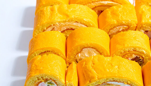 Rows of bright yellow Swiss rolls filled with cream and fruit
