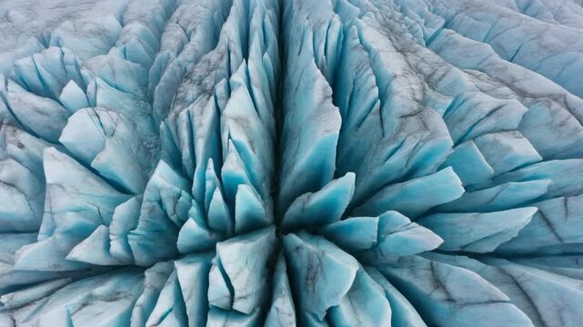Aerial top down view of blue glacier crevasses and ice formations
