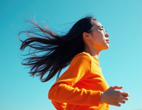 Young Asian woman with glasses sprints forward with windblown dark hair. Wears orange sweater against clear blue sky, showing joyful energy, fast motion. Woman running outside in bright daylight.