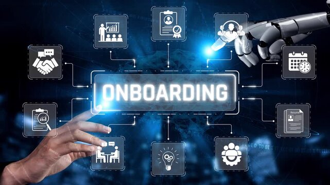 Futuristic Concept of Onboarding Process with Human and Robotic Hands Interacting, Symbolizing Integration of Technology in Human Resource Management Sigmoid