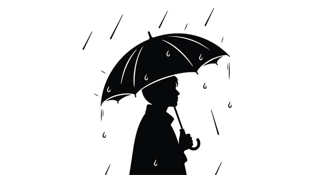 Person stands under an umbrella while heavy rain falls during a gloomy weather day.