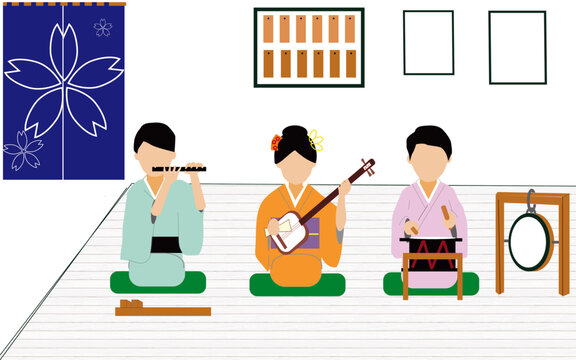 People who play the shamisen, flute, and drums in rakugo (traditional Japanese comic storytelling)