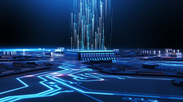 chip animation. Artificial intelligence server. Futuristic microchip processor. Digital Intelligence advanced computer processor the prominent AI inscription, showcasing the cutting edge of technology