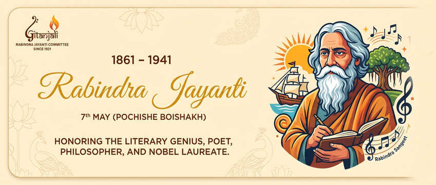 vintage illustration of nobel laureate poet philosopher rabindranath tagore portrait with sun motif and bengali text