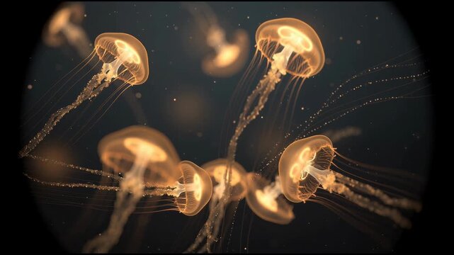 Glowing jellyfish underwater with translucent bodies and long tentacles in dark ocean environment