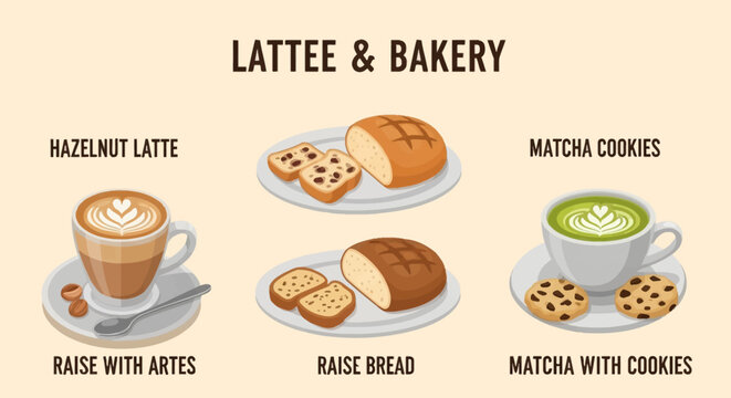 Factual vector illustration of a coffee and bakery menu set featuring hazelnut latte with art, matcha green tea latte, chocolate chip cookies, and sliced raisin bread on plates.