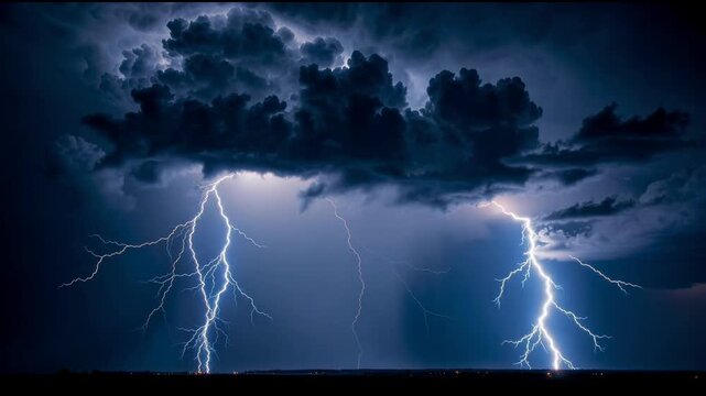 Powerful lightning storm with dark clouds illuminating the night sky over a flat landscape