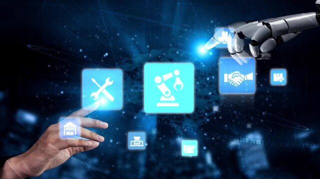 Mechanized industry automation and modern production system with robotic arms, gears, tools and loFunnelics for efficient mechanized industry process. Funnel
