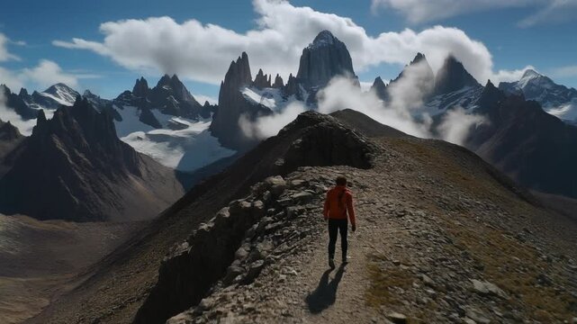 Hiker walking on mountain ridge in Los Glaciares National Park