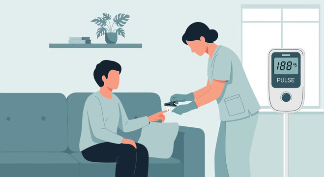 Nurse checks patient's pulse oximeter reading at home, healthcare concept