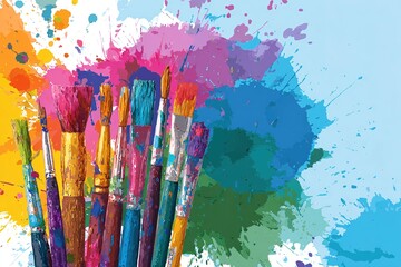 Obraz premium banner vector for art class, splash of paint and brushes
