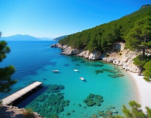 Fototapeta premium Wooden pier extends into crystal clear turquoise water on sunny day. Rocky coast lined with pine trees meets white sand beach. Boats float in calm bay.