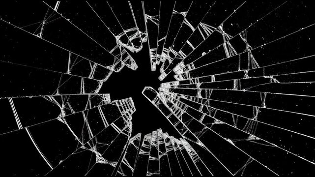 Close up of shattered glass with radial cracks and broken fragments on black background