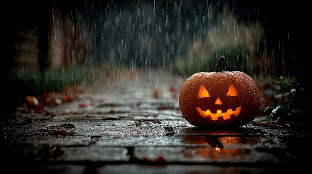 A glowing jack-o'-lantern sits on a wet, dark path in the rain. Perfect for Halloween, autumn themes, or spooky holiday content.