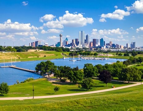 Scenic View of Dallas Skyline Overlooking White Rock Lake on a Clear Day