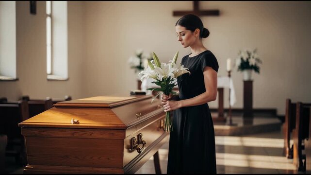 Sad woman in black dress holding white lilies standing beside wooden coffin inside church