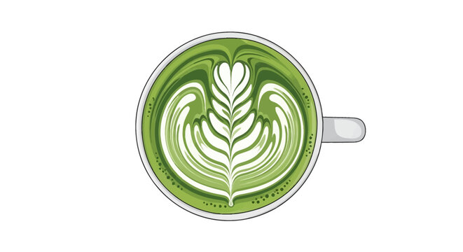 Top view vector illustration of a green matcha green tea latte in a white ceramic cup featuring a detailed leaf and heart rosetta foam art design isolated on white background.