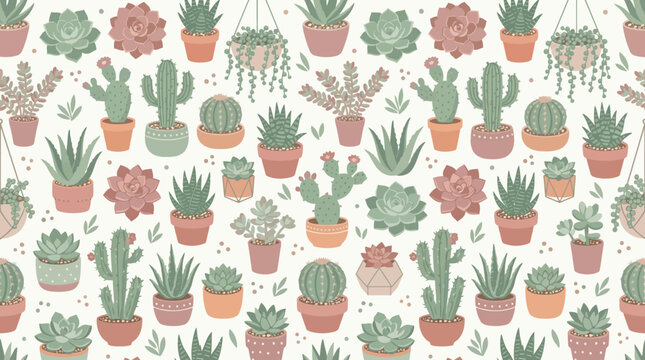 Seamless vector pattern with cute succulents and cacti in decorative pots on mint green background