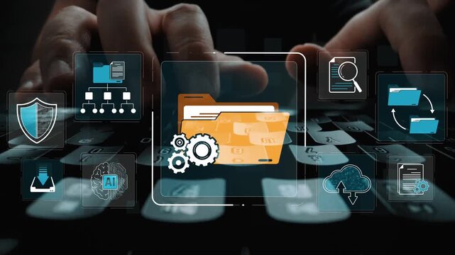 Digital File Management Concept with Keyboard Background and Graphic Icons Representing Data Organization, Security, and Analysis Tools Sigmoid